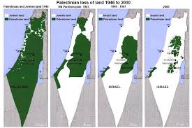 Perhatikan, awalnya seluruh wilayah adalah Palestina (warna hijau), kini wilayah Palestina sangat sedikit (sekitar 3%)